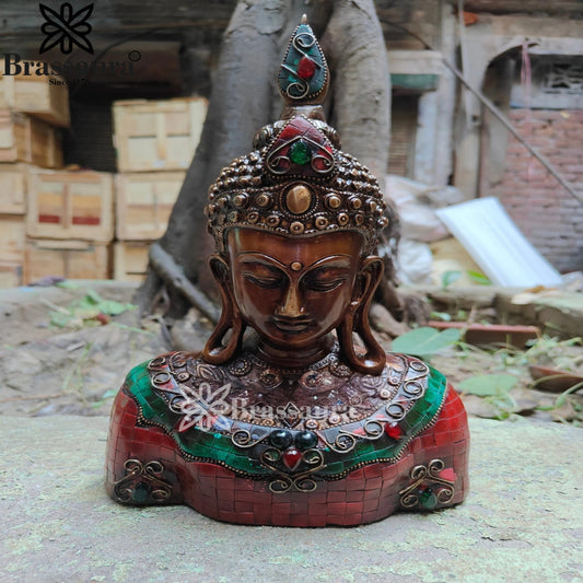 Brass Head Gem Stone Work Buddha Weight 3.9 kg & Height 12.5 Inch