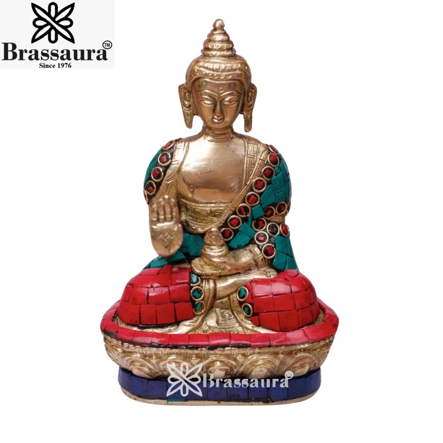 Brass Blessing Gem Stone Work Buddha Weight 1 kg & Height 7 Inch