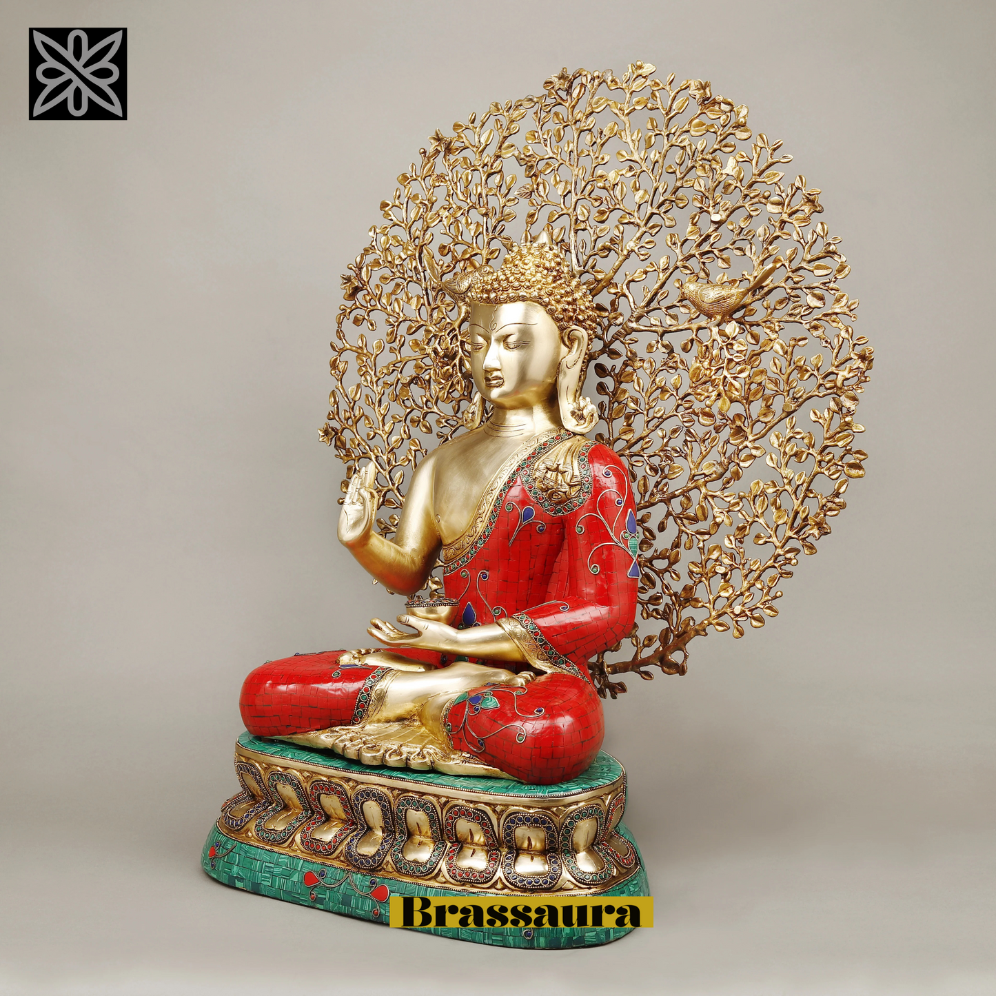 Brassaura™ Brass Buddha Statue under Kalpavriksha Tree – Height 29 Inches | Weight 31.98 Kgs | Meenakari Stonework