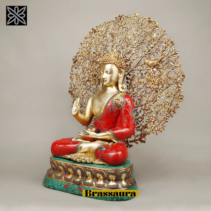 Brassaura™ Brass Buddha Statue under Kalpavriksha Tree – Height 29 Inches | Weight 31.98 Kgs | Meenakari Stonework