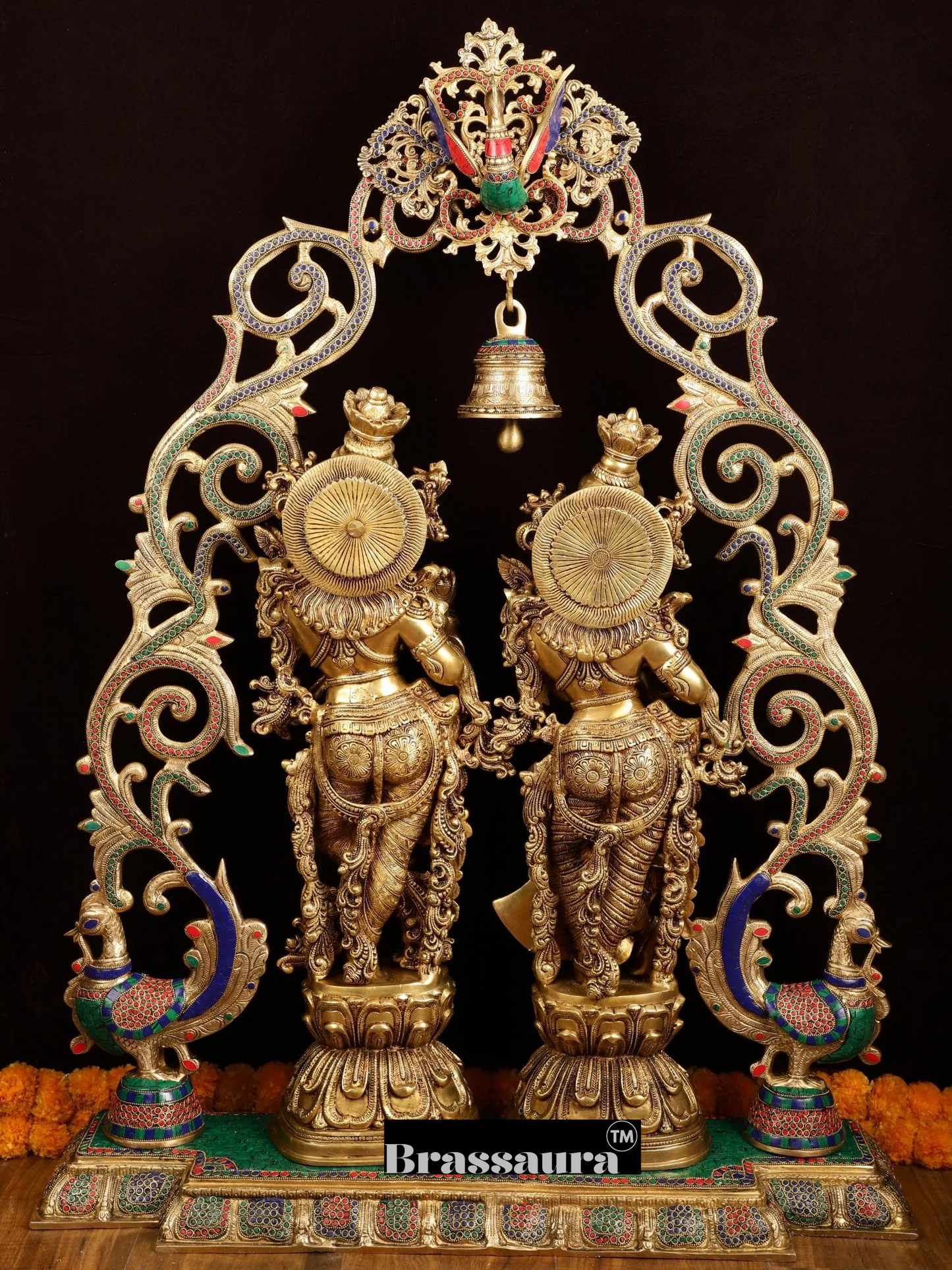 Brassaura™ Brass Radha Krishna Statues with Peacock-Inspired Temple Arch – 45" Height | 67 kg – Majestic Divine Décor