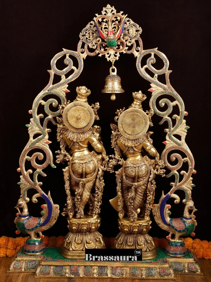 Brassaura™ Brass Radha Krishna Statues with Peacock-Inspired Temple Arch – 45" Height | 67 kg – Majestic Divine Décor