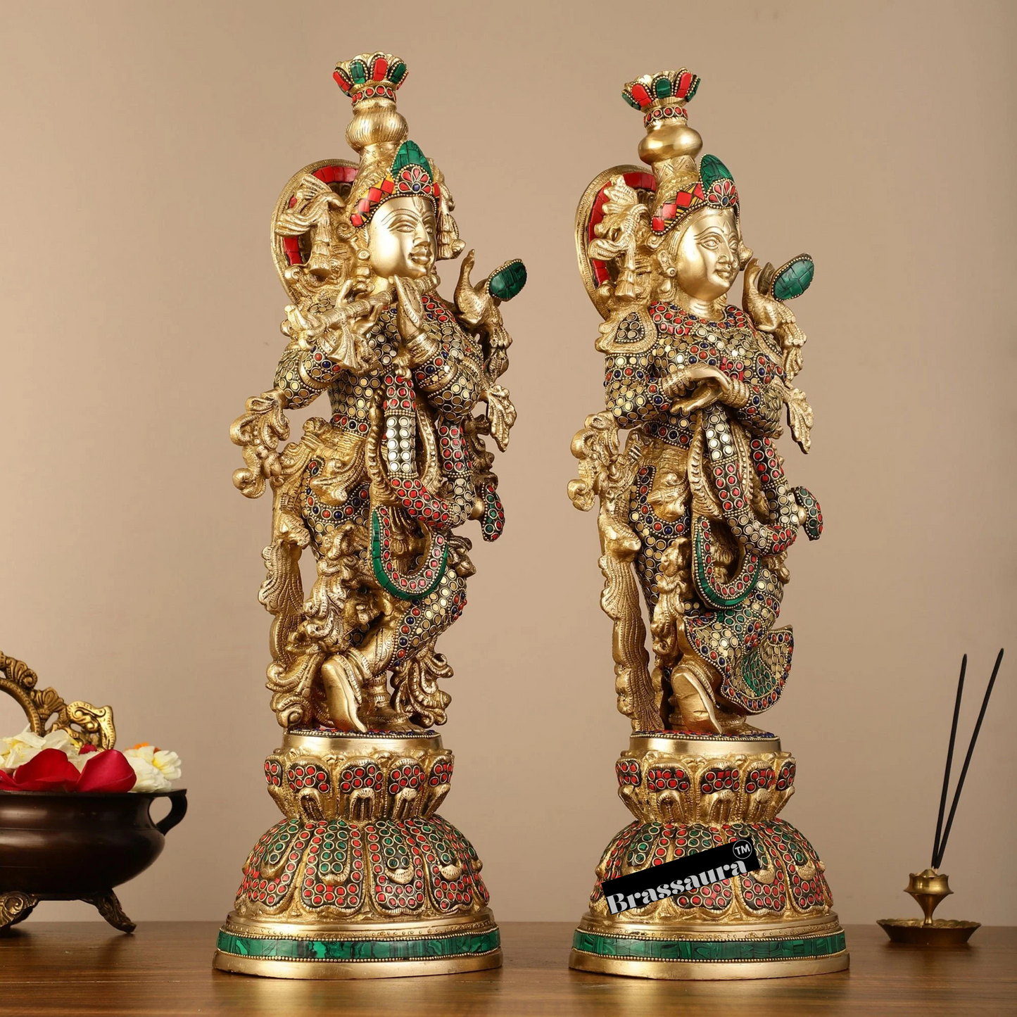 Brassaura™ Pure Brass Radha Krishna Statue with Brass Rings & Natural Stones – Height 21 Inches & Weight 18 Kgs | Elegant Devotional Idol