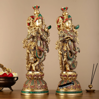 Brassaura™ Pure Brass Radha Krishna Statue with Brass Rings & Natural Stones – Height 21 Inches & Weight 18 Kgs | Elegant Devotional Idol