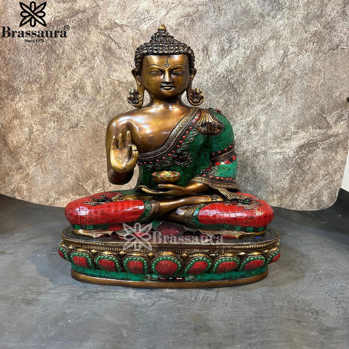 Brass Blessing Gem Stone Work Buddha Weight 16.4 kg & Height 19 Inch
