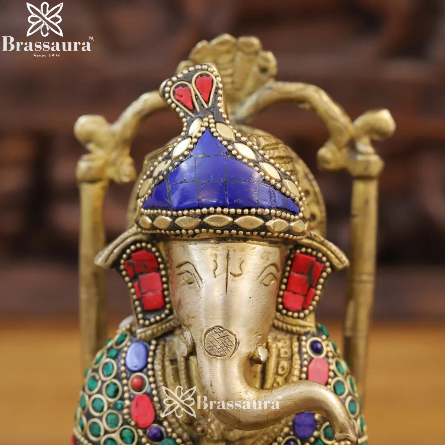 Brass Gem Stone Work Chair Ganesha Weight 3.56 Kg & Height 11 Inch