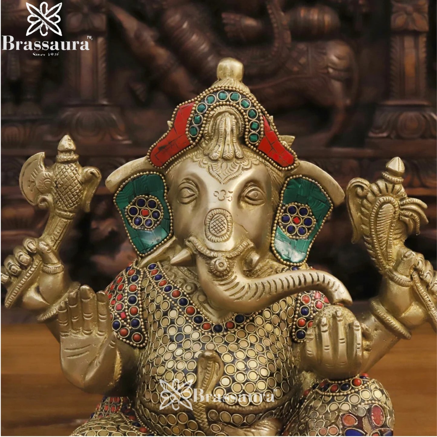 Brass Gem Stone Work Ganesha Weight 9 Kg & Height 12 Inch