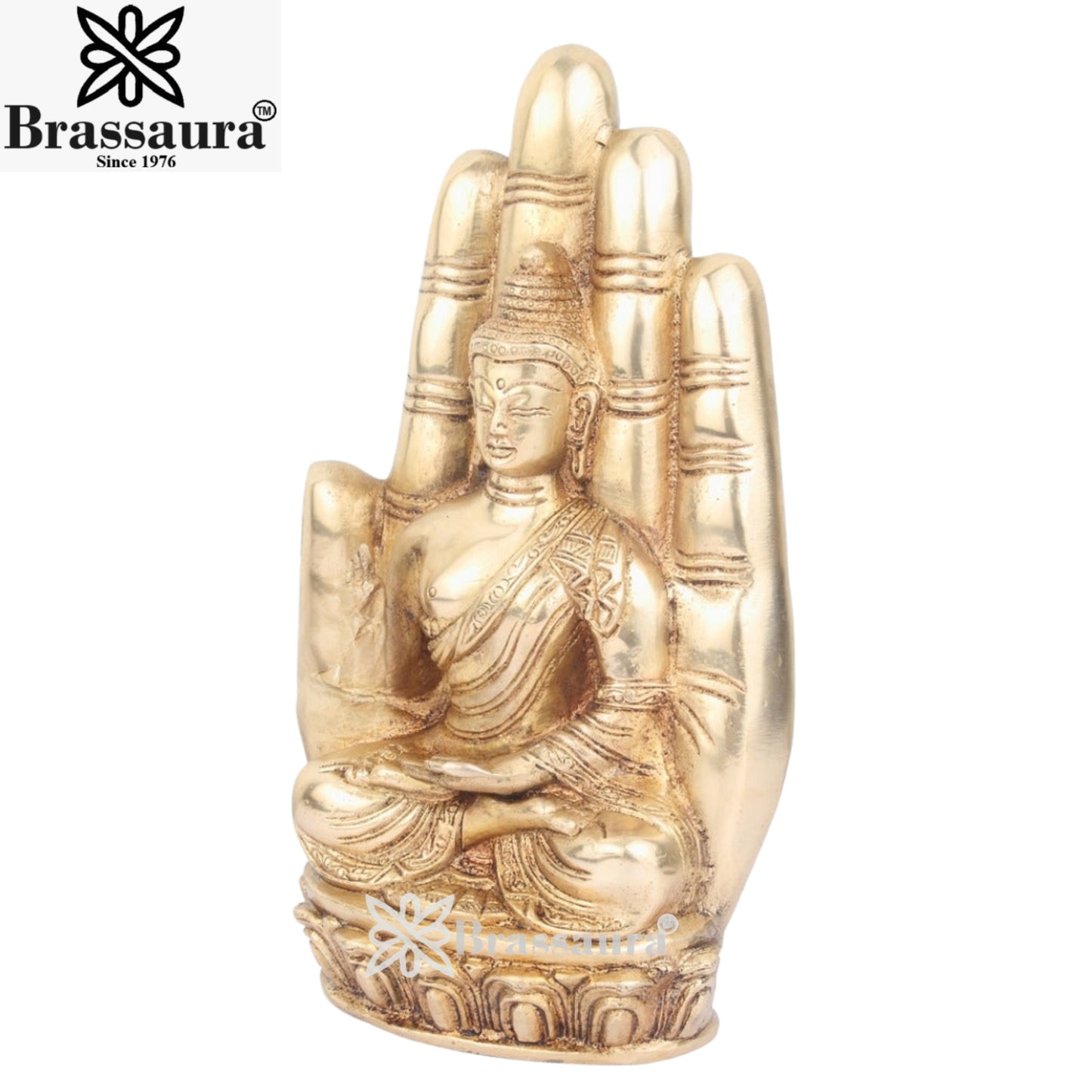 Brass Buddha setting in Hand Weight 2.5 Kg & Height 9 Inch