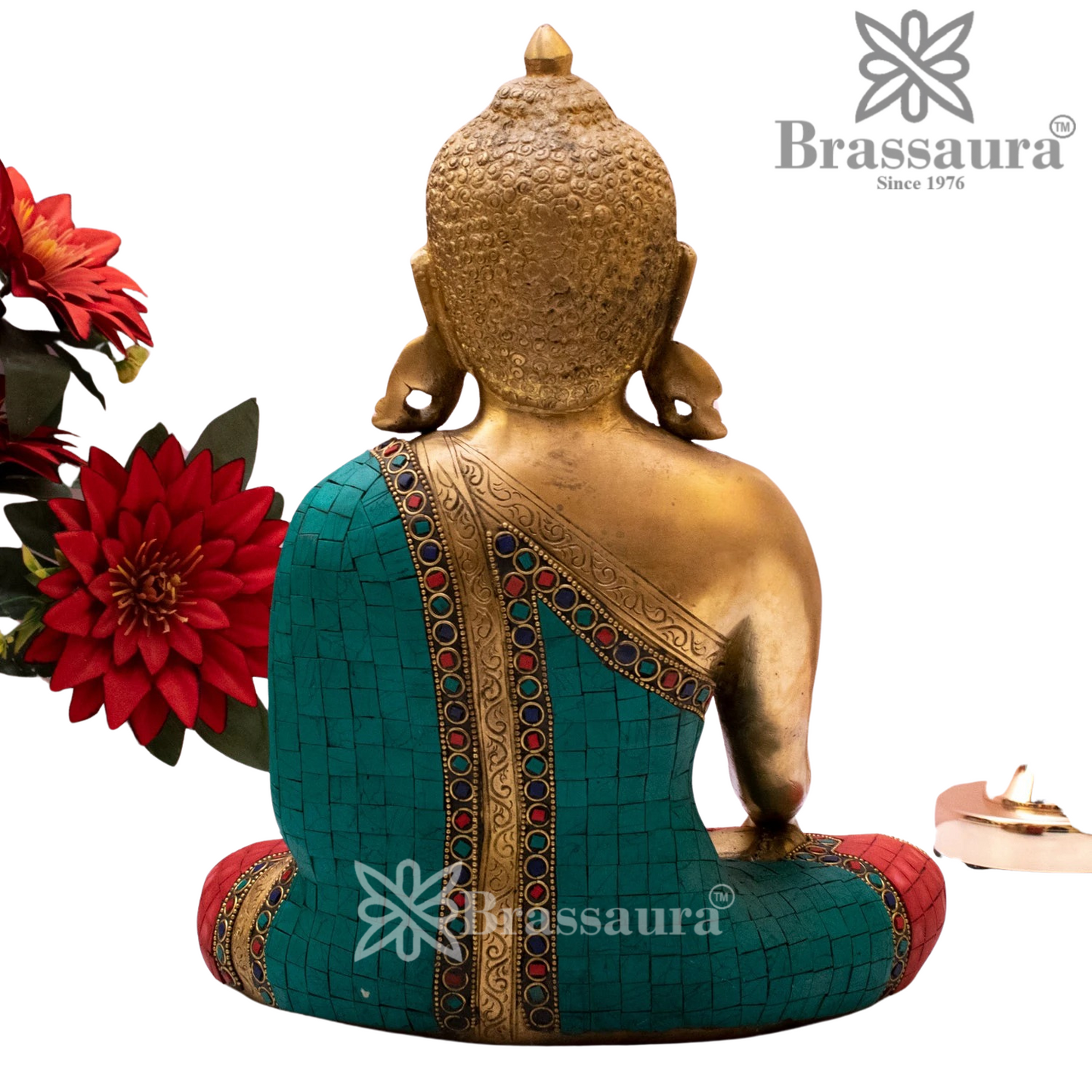 Brass Bhumisprasa Gem Stone Work Buddha Weight 6.5 kg & Height 13 Inch