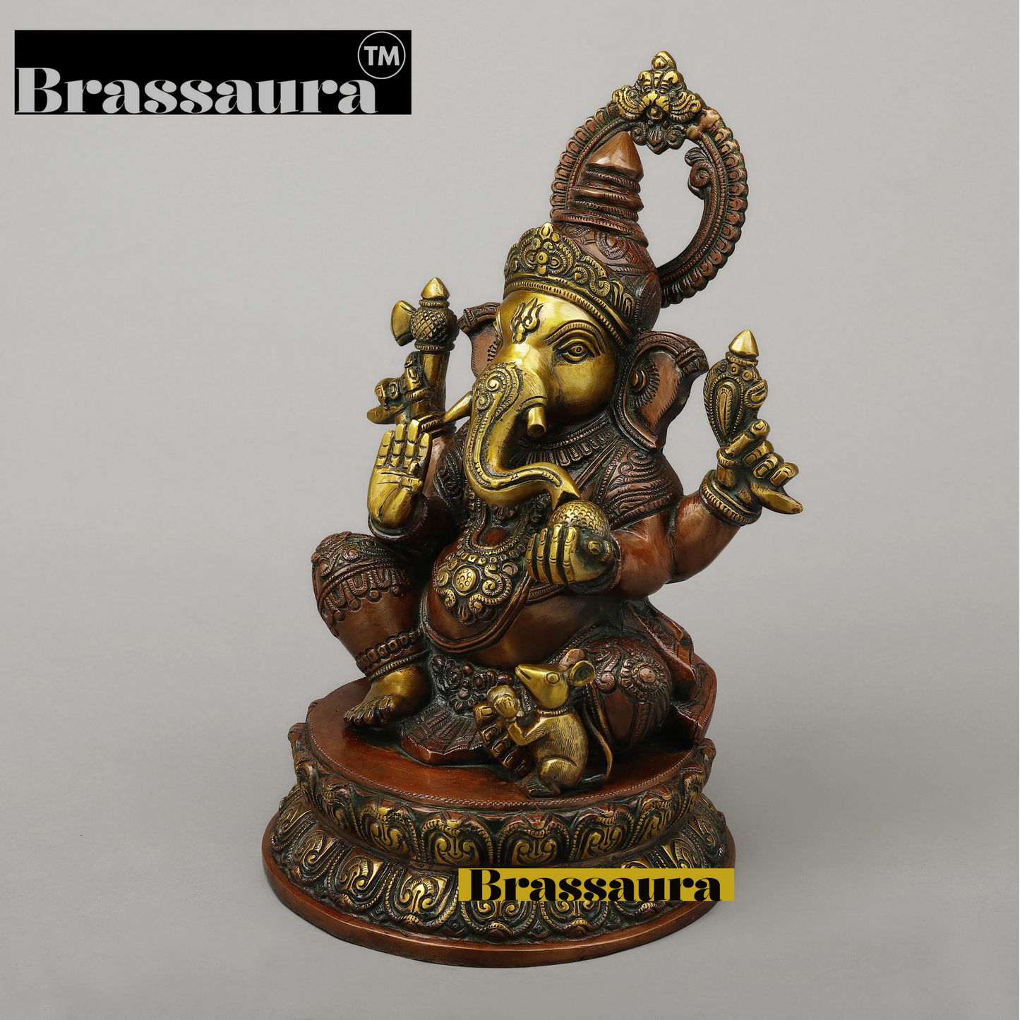 Brassaura™ Brass Ganesh on Pedestal in Blessing Posture – Height 14.5 Inches, Weight 11.37 Kgs