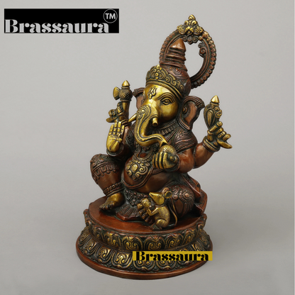 Brassaura™ Brass Ganesh on Pedestal in Blessing Posture – Height 14.5 Inches, Weight 11.37 Kgs