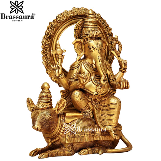 ब्रेसोरा® गणेश ब्रास प्रतिमा मूषक पर बैठे हुए | शुद्ध पीतल | ऊंचाई 16 इंच