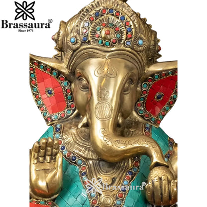 Brass Gem Stone Work Ganesha Statue Weight 9.1 Kg And Height 12 Inch