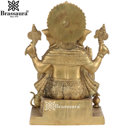 Brassaura® Artistic Golden Sitting Lord Ganesha | Brass Idol | Height 11 Inches