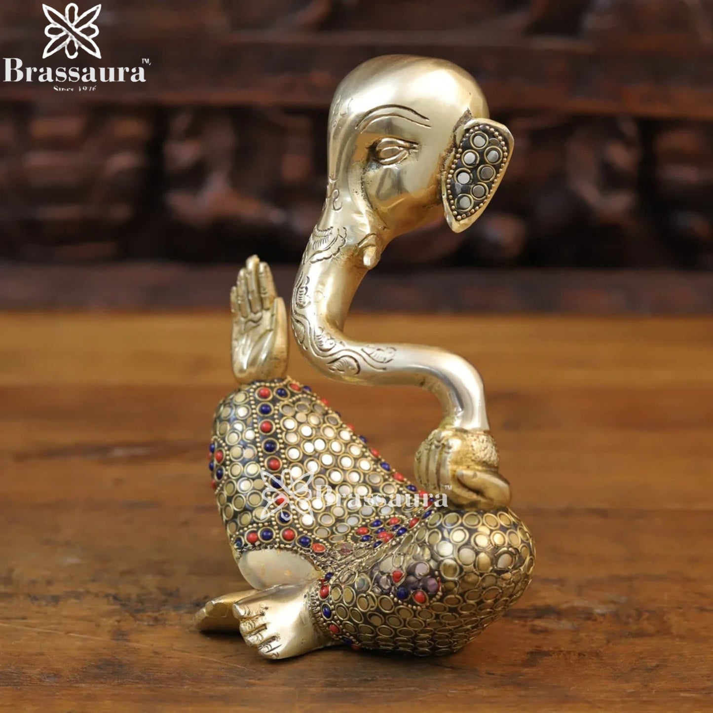 Brass Gem Stone Work Modern Ganesha Weight 2.34 Kg & Height 8 Inch