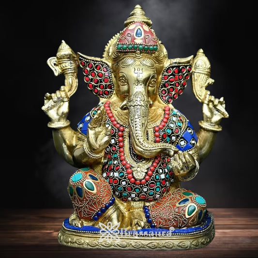 Brass Gem Stone Work Ganesha Statue Weight 4.1 Kg And Height 9 Inch