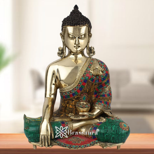 Brass Gem Stone Work Bhumisprasa Buddha Weight 10.5 kg & Height 16 Inch