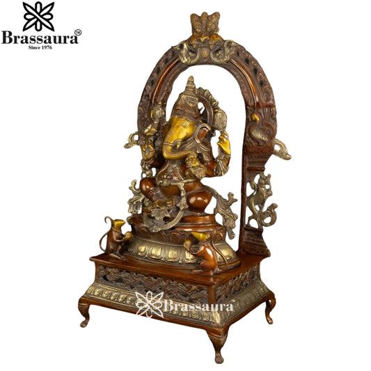 Brassaura® Ganesh Brass Murti with Prabhavali | Pure Brass | Height 27.5 Inches