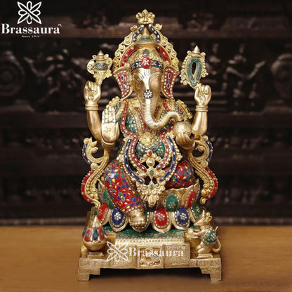 Brass Gem Stone Work Lotus Jewellery Ganesha Weight 33.5 Kg & Height 24 Inch