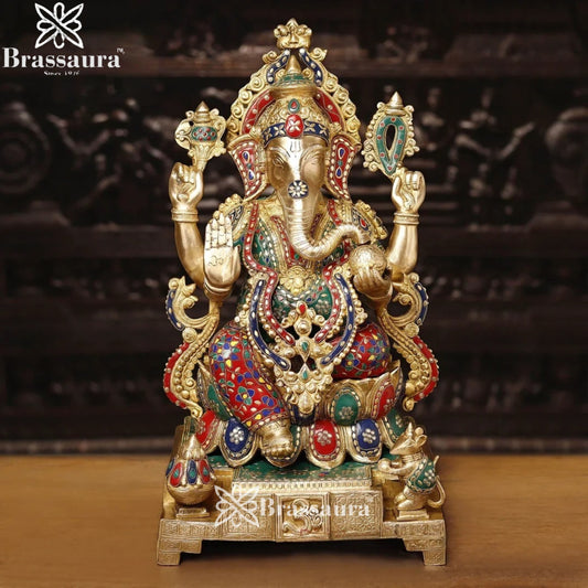 Brass Gem Stone Work Lotus Jewellery Ganesha Weight 33.5 Kg & Height 24 Inch