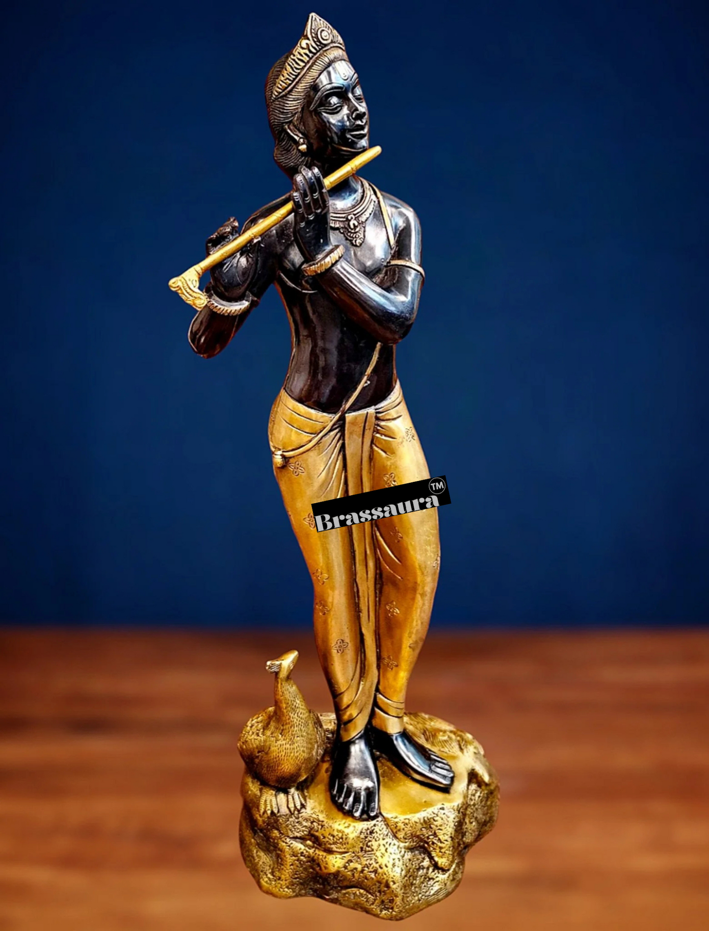 Brassaura™ Krishna Murlidhar Brass Idol – Height 29 Inches & Weight 18 Kgs | Black & Gold Finish