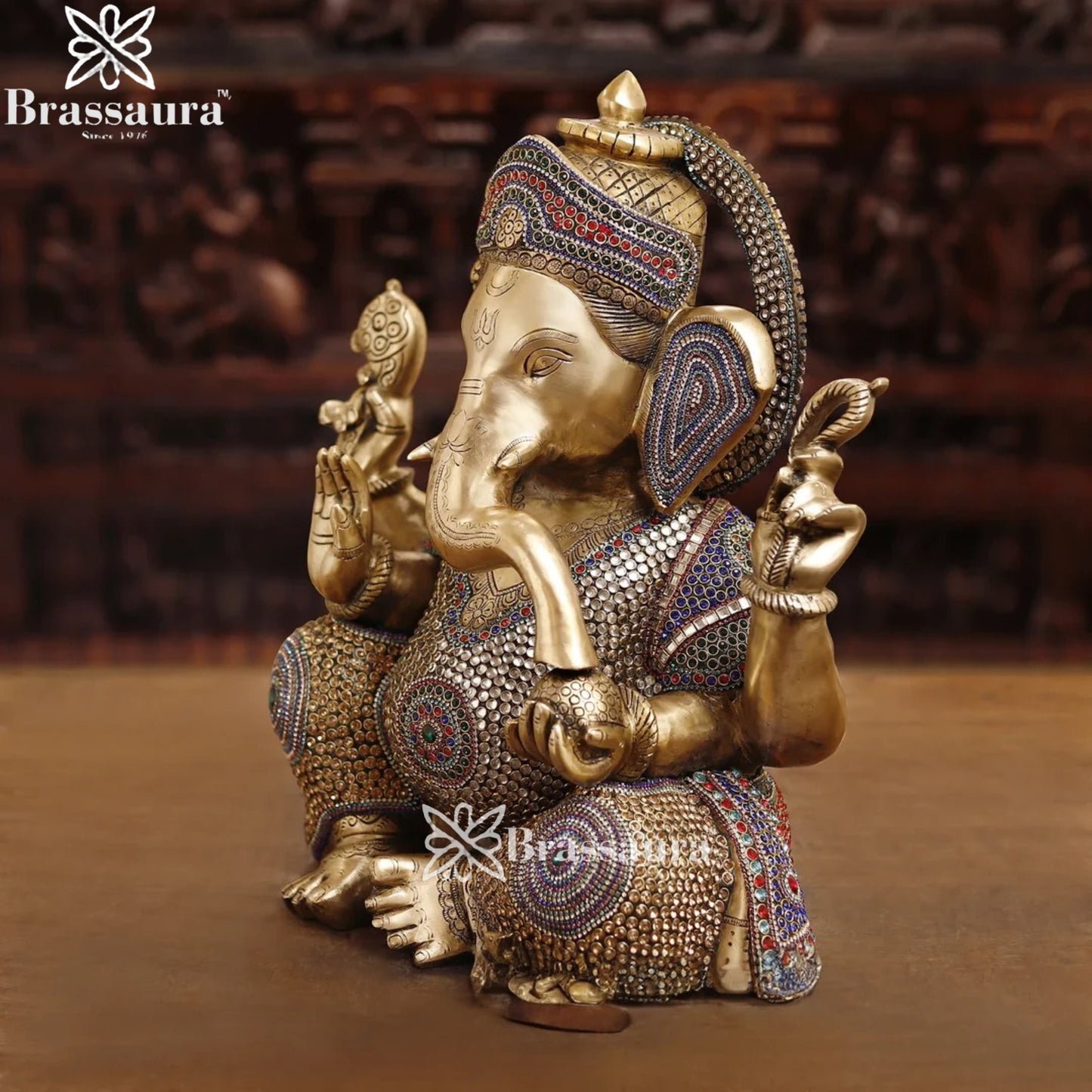 Brass Gem Stone Work Ganesha Weight 22.6 Kg & Height 22 Inch