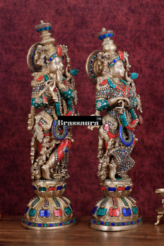 Brassaura™ ब्रास राधा कृष्ण युगल मूर्ति डबल-लेयर्ड मीनाकारी के साथ - ऊंचाई 25.5 इंच और वज़न 25 किग्रा | सुंदर भक्ति प्रतिमा