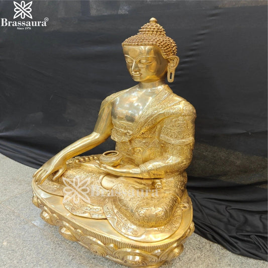 Brassaura® Buddha Bhumisparsha Mudra Sitting Idol with Antique Gold Finish and Lotus Base | Pure Superfine Brass Handcrafted Murti | Brass Statue for Home Temple, Pooja Room | Height 33 Inches | Weight 52 Kgs