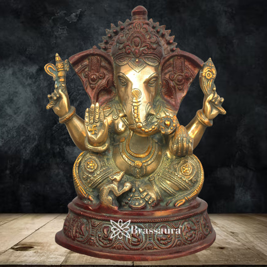 ब्रासोरा® विंटेज फिनिश भगवान गणेश पीतल की मूर्ति | शुद्ध पीतल | ऊंचाई 11 इंच और वज़न 6.8 किलोग्राम