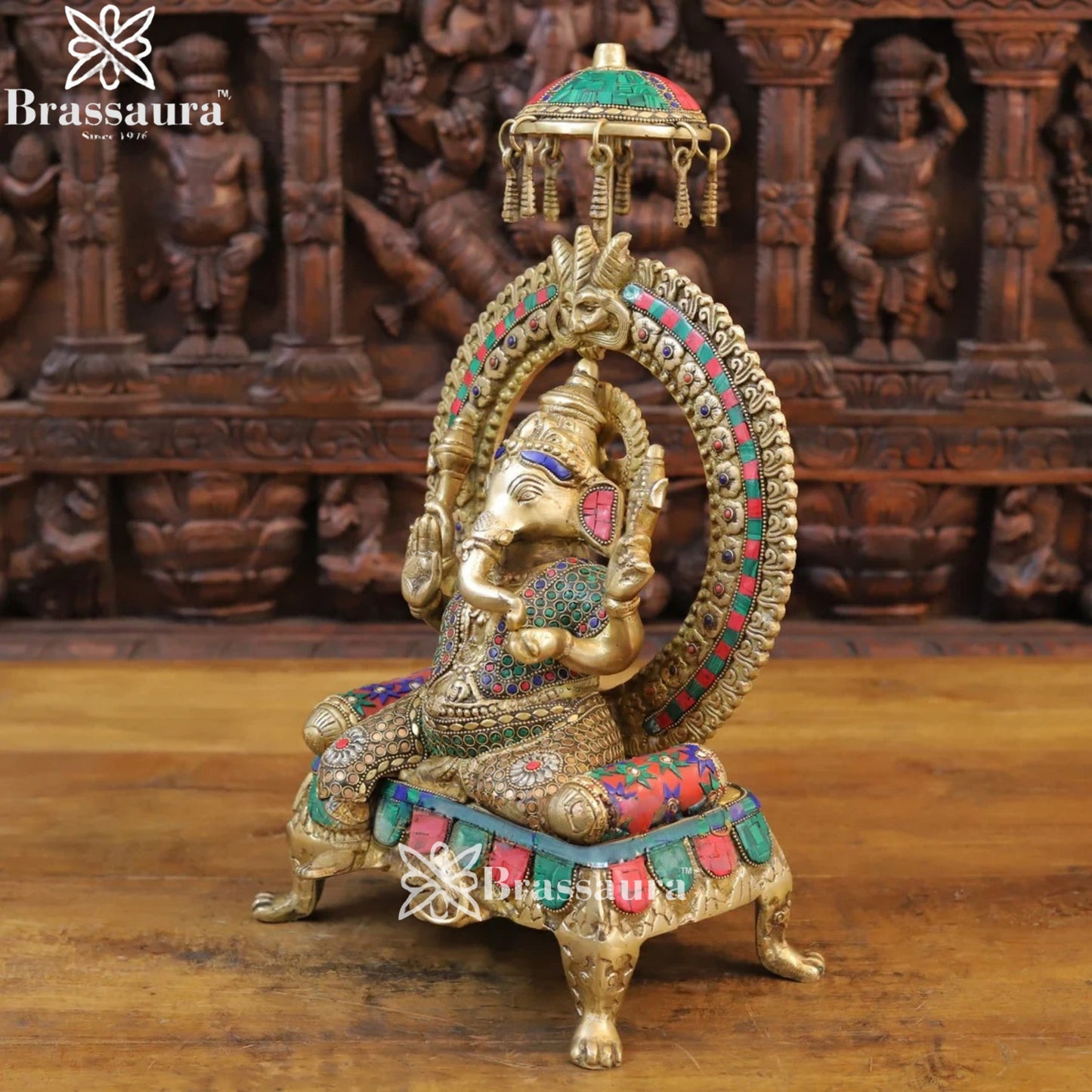 Brass Ring Gem Stone Work Ganesha Weight 9.2 Kg & Height 17.5 Inch