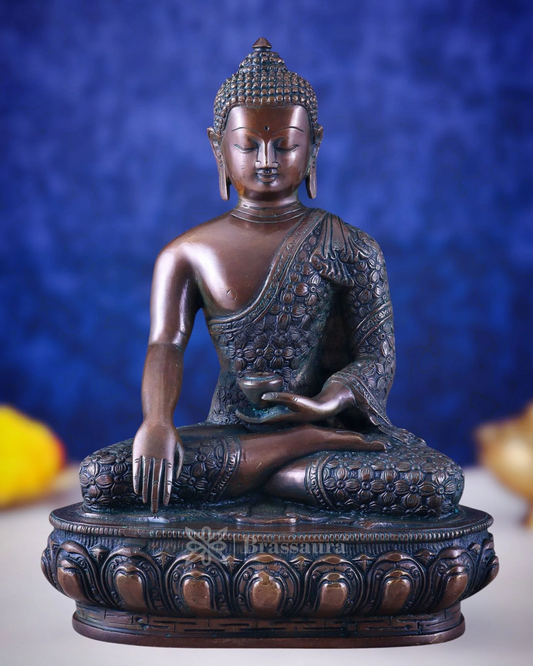 Brassaura™ Pure Brass Antique Medicine Buddha Statue – Height 13.5 Inches, Weight 6.8 Kgs