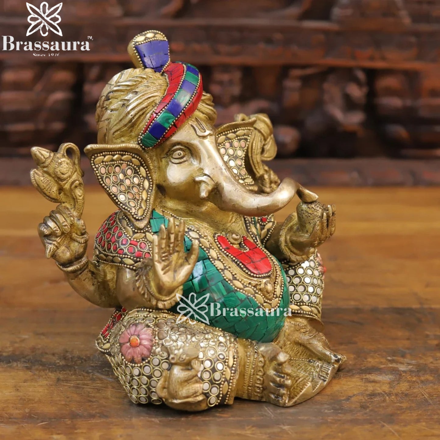 Brass Gem Stone Work Turban Ganesha Weight 5.4 Kg & Height 9 Inch