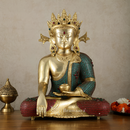 Brassaura™ Brass Crown Buddha Statue with Copper Wire Work – Height 22 Inches, Weight 23.78 Kgs
