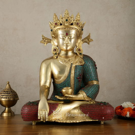 Brassaura™ Brass Crown Buddha Statue with Copper Wire Work – Height 22 Inches, Weight 23.78 Kgs