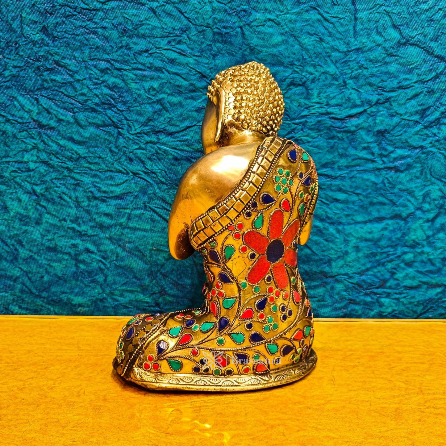 Brassaura™ Brass Thinking Buddha Statue – Height = 9 Inches | Weight = 4.2 Kgs | Meenakari & Wire Work