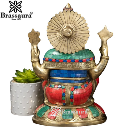 Brass Gem Stone Work Ganesha Statue Weight 8.96 Kg And Height 13.75 Inch