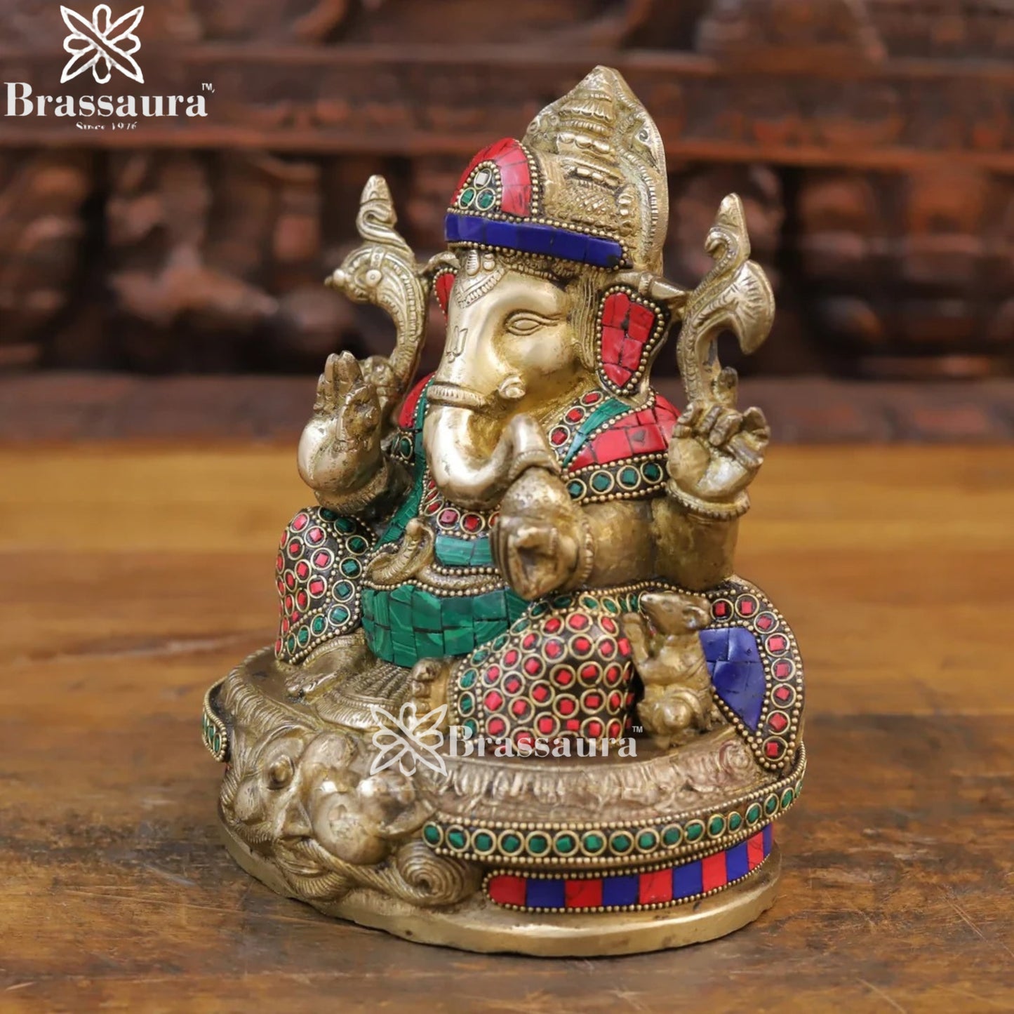 Brass Gem Stone Work Ganesha Weight 3.6 Kg & Height 8.5 Inch