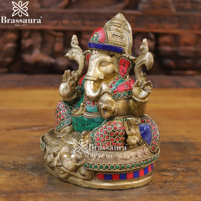 Brass Gem Stone Work Ganesha Weight 3.6 Kg & Height 8.5 Inch