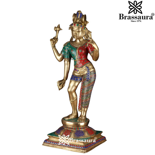 Brassaura® Brass Gem Stone Work Ardhanarishwar Statue – Height 36 Inches | Temple & Pooja Décor