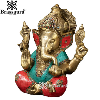 Brass Gem Stone Work Ganesha Statue Weight 13.8 Kg And Height 15.5 Inch