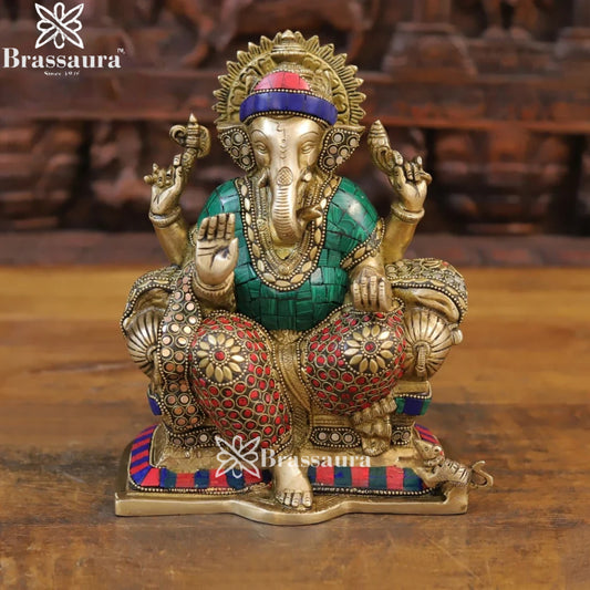 Brass Gem Stone Work Ganesha Weight 4.82 Kg & Height 9.5 Inch
