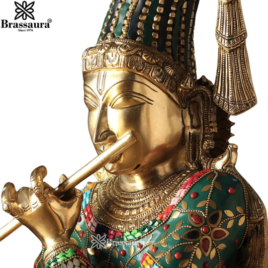 Brassaura® Chola Style Lord Krishna Brass Idol with Colorful Stone Work | Handcrafted Brass Krishna Playing Flute Statue for Home Temple, Pooja Room & Luxury Décor | Height 36 Inches | Weight 23 Kg