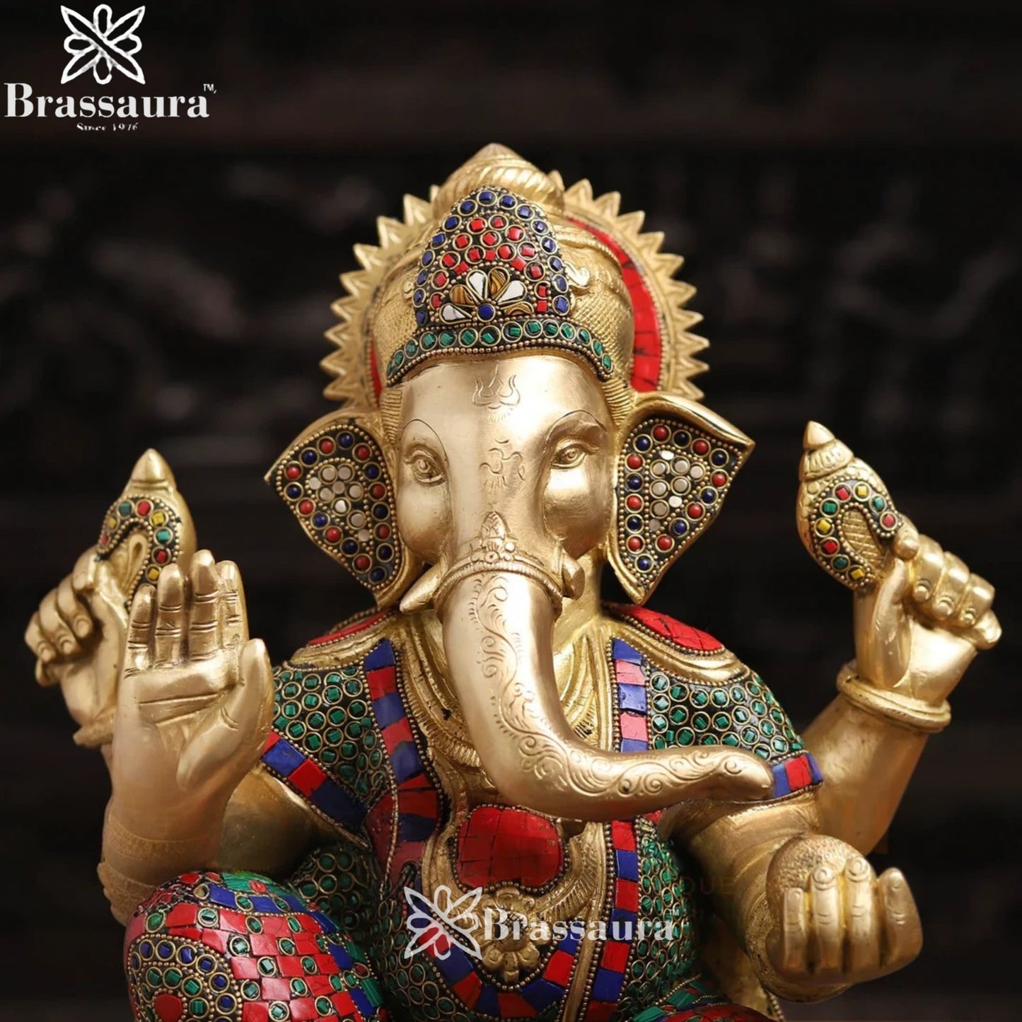 Brass Gem Stone Work Fruit Ganesha Weight 18.4 Kg & Height 16 Inch