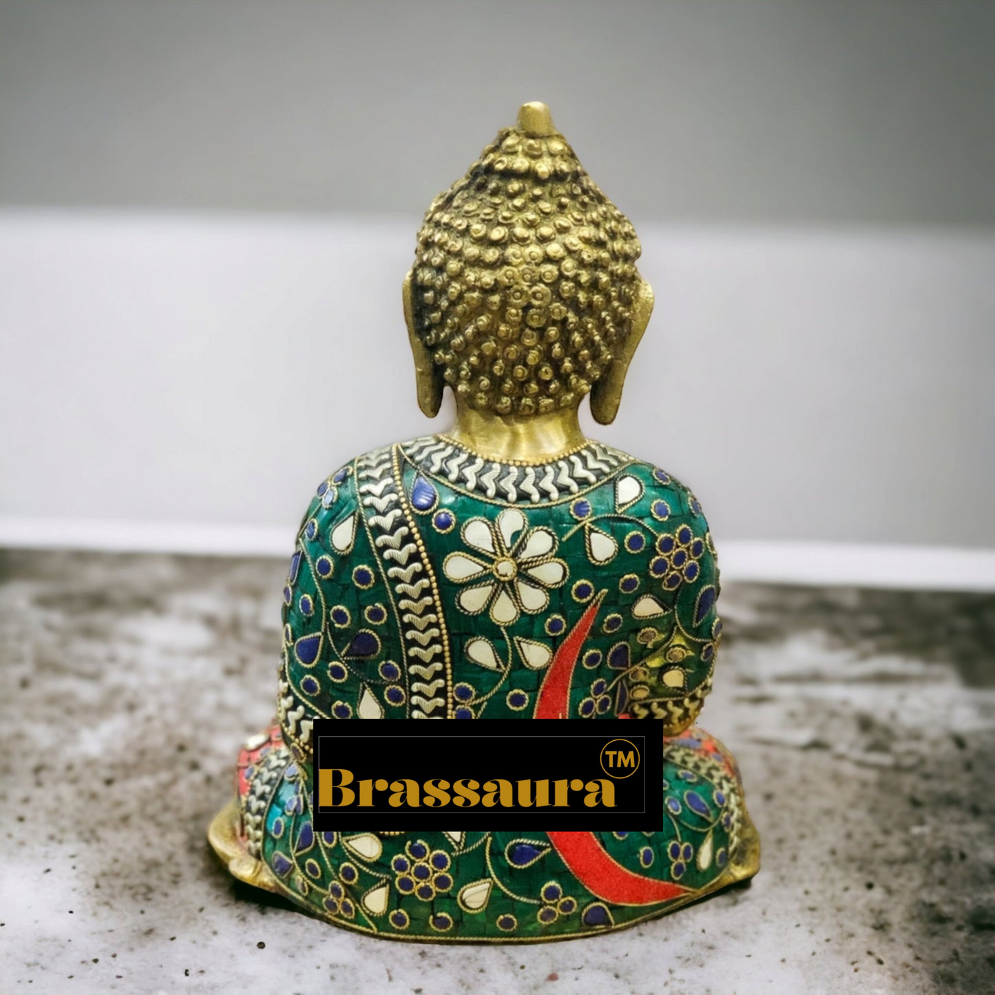 Brassaura™ Brass Gem Stone Work Bhoomisparsha Buddha Idol – Height 10 Inches | Weight 3.8 Kgs | Multi-Coloured