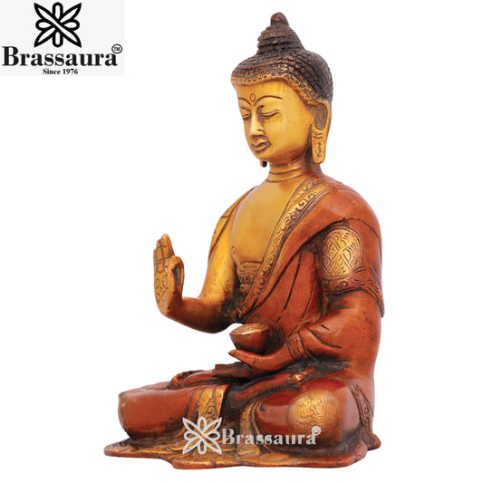 Brassaura® Buddha Sitting in Blessing Mudra Idol with Antique Finish | Pure Superfine Brass Handcrafted Murti | Brass Statue for Home Temple, Pooja Room | Height 8 Inches | Weight 2 Kgs