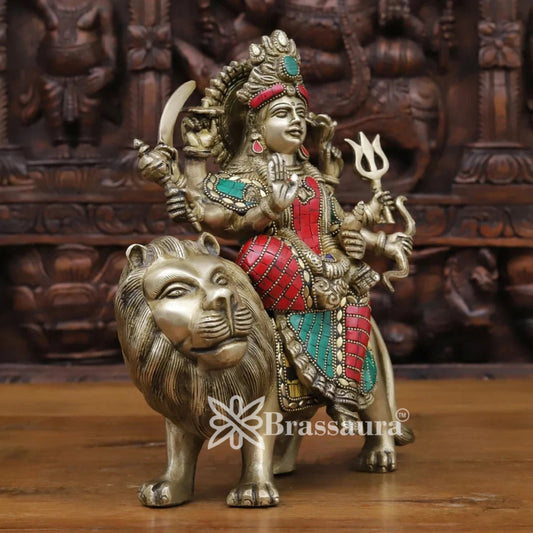 Brass Gem Stone Work Durga Idol for Home Temple and Decor Height 8.5 Inches & Weight 3.28 Kgs