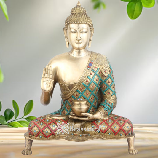 Brass Blessing Gem Stone Work Buddha With Base Weight 22 Kg & Height 26 Inch