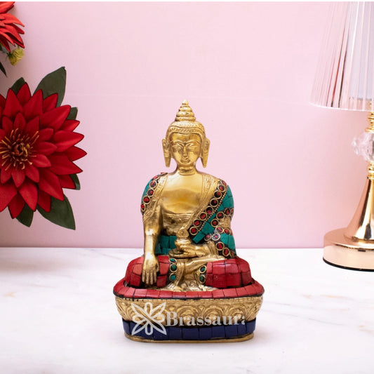 Brass Bhumisprasa Gem Stone Work Buddha Weight 1 kg & Height 7 Inch