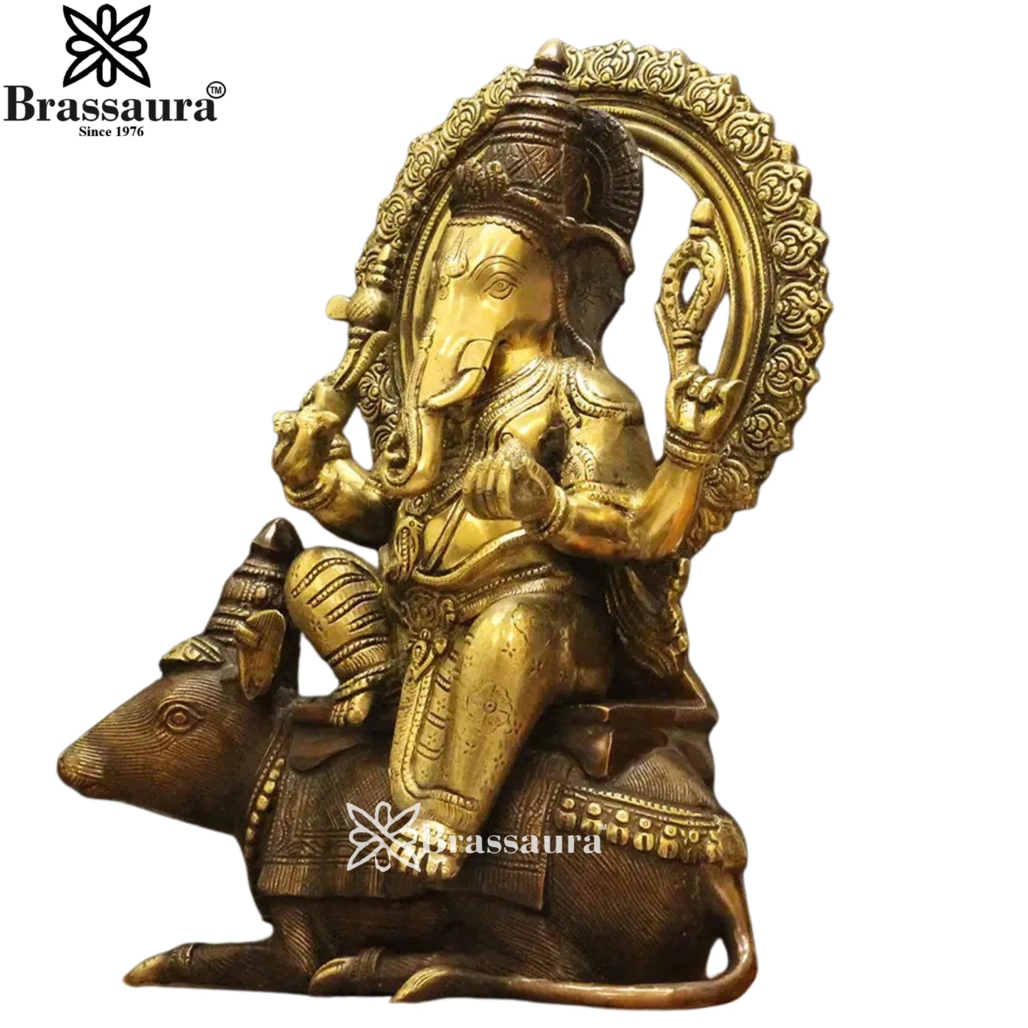 Brass Ganesha On Rat Statue Weight 14 Kg And Height 16 Inch
