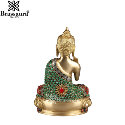 Brass Blessing Gem Stone Work Multicolored Buddha Weight 3 kg & Height 9 Inch